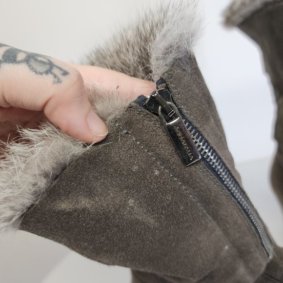 Aquatalia Womens 8 Genuine Fur Taupe Suede Fold Over Wedge Heel Back Zip Boots - Picture 11 of 15